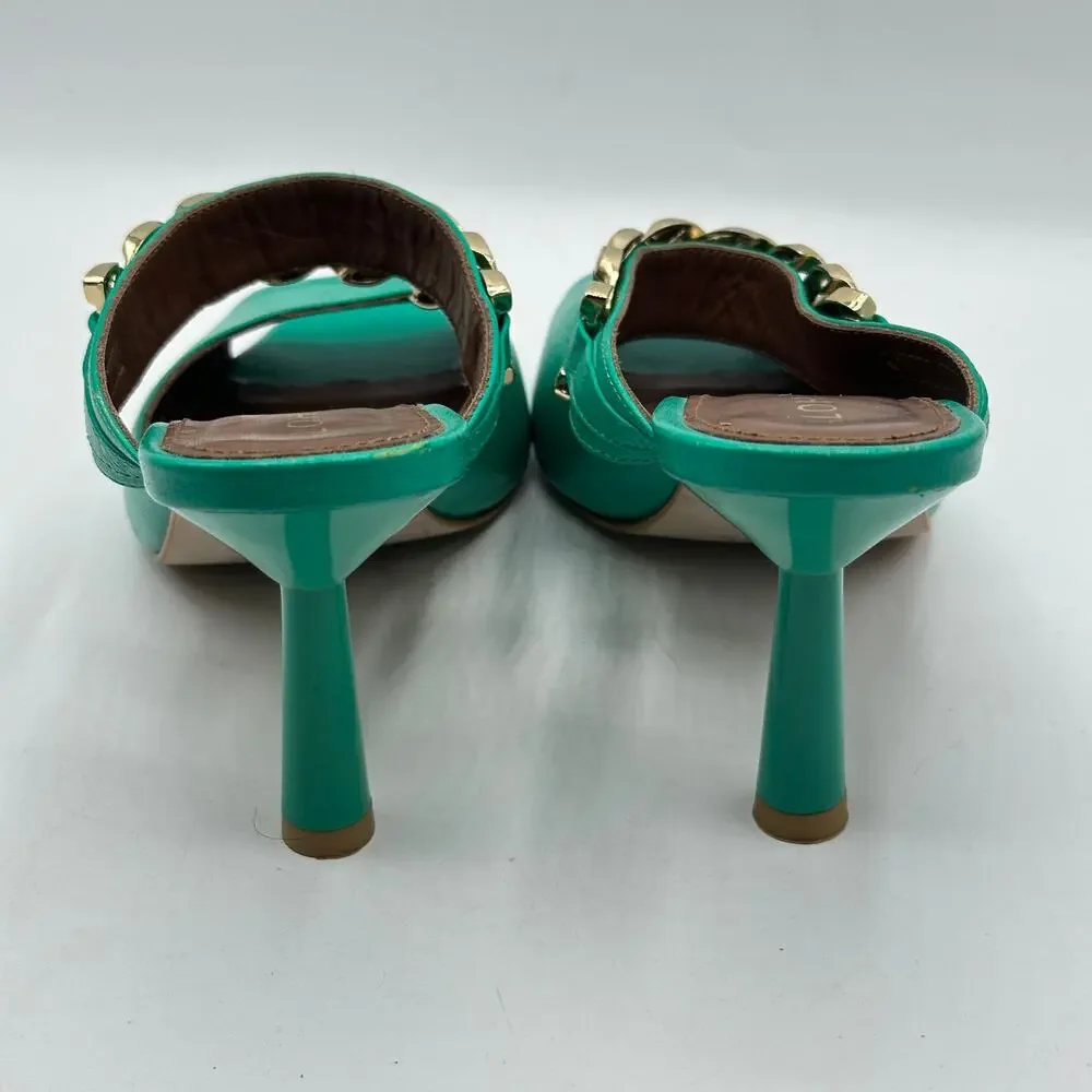 ALOHAS Daisy Heeled Mule Gold Chain Kelly Green Sz 37 / US 6 $195